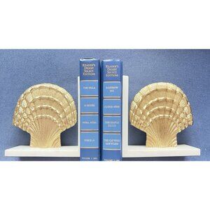 Shell Bookends White Alabaster Marble Gold Metal Beach House Bookcase 8"H x 7"W